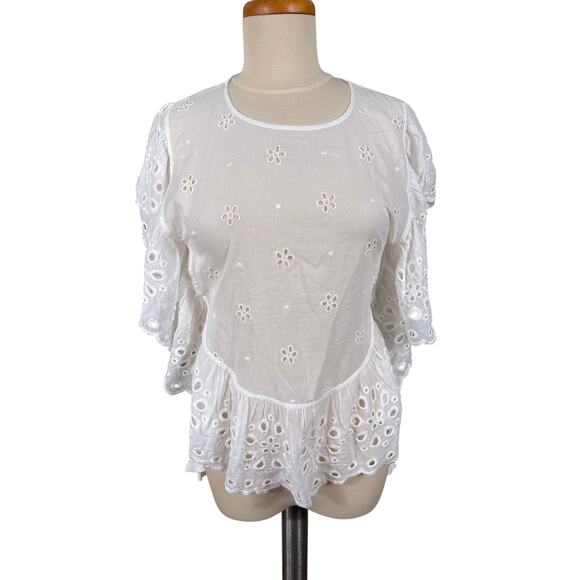 Unsubscribed Tops Blouse Shirt Women's Medium White Boho Eyelet Ruffle Bib NWT - Picture 2 of 15